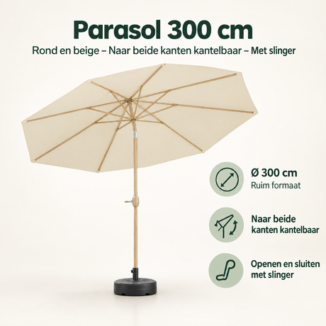 Ronde beige stokparasol van BukkitBow, 300 cm, kantelbaar naar beide kanten met slinger voor schaduw en bescherming.