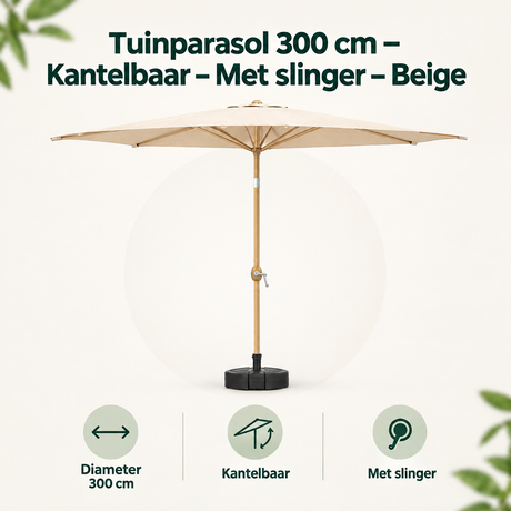 Overzicht van parasol 300 cm met de belangrijkste productvoordelen