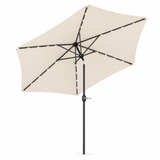 BukkitBow stokparasol met LED-verlichting op zonne-energie, kantelbaar en met beschermhoes, ondergaande zon op de achtergrond