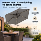 Stokparasol van BukkitBow met geïntegreerde LED-verlichting op zonne-energie, kantelbaar en inclusief beschermhoes, buitengebruik.