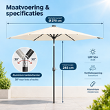 Stokparasol met LED-verlichting op zonne-energie, kantelbaar en inclusief beschermhoes, door BukkitBow, onder een blauwe lucht.