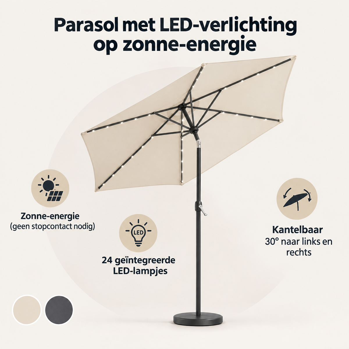 Stokparasol van BukkitBow met LED-verlichting op zonne-energie, kantelbaar en inclusief beschermhoes, overzicht van kernvoordelen.