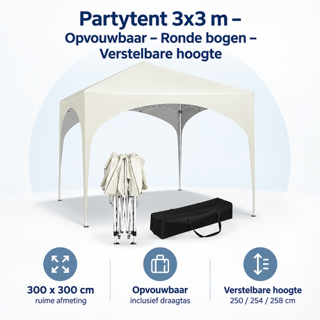 Overzicht van partytent 3x3 m met de belangrijkste productvoordelen