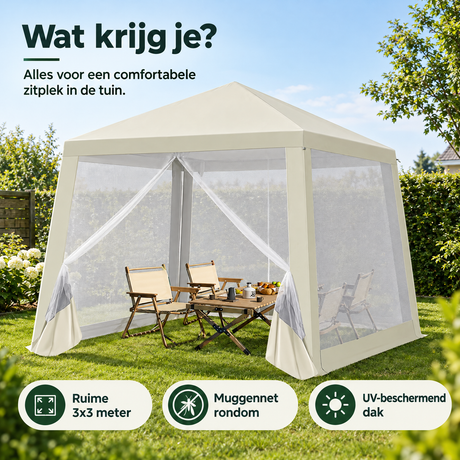 Praktische toepassing en keuzehulp voor partytent 3x3 met muggennet