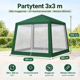Afmetingen en productspecificaties van partytent 3x3 met muggennet