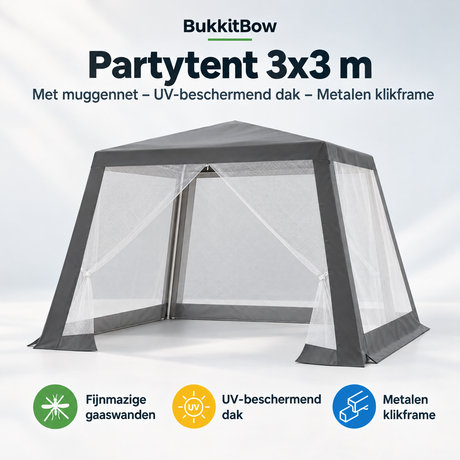 Overzicht van partytent 3x3 met muggennet met de belangrijkste productvoordelen