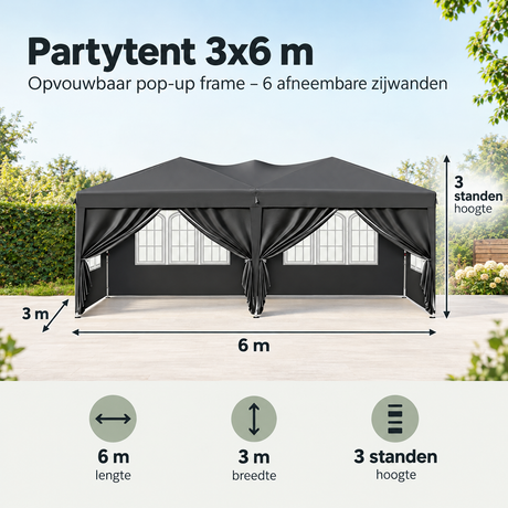Afmetingen en productspecificaties van partytent 3x6