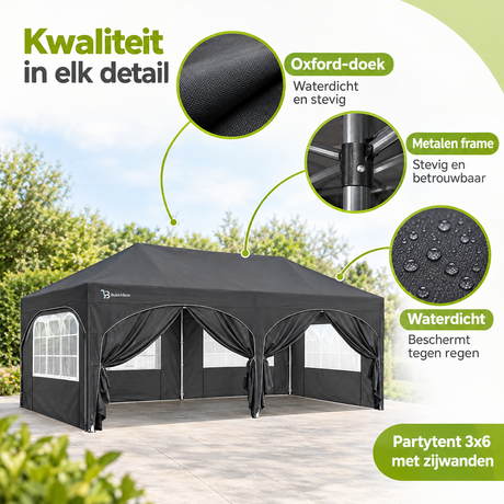 Detail van materiaal en afwerking van partytent 3x6 met zijwanden