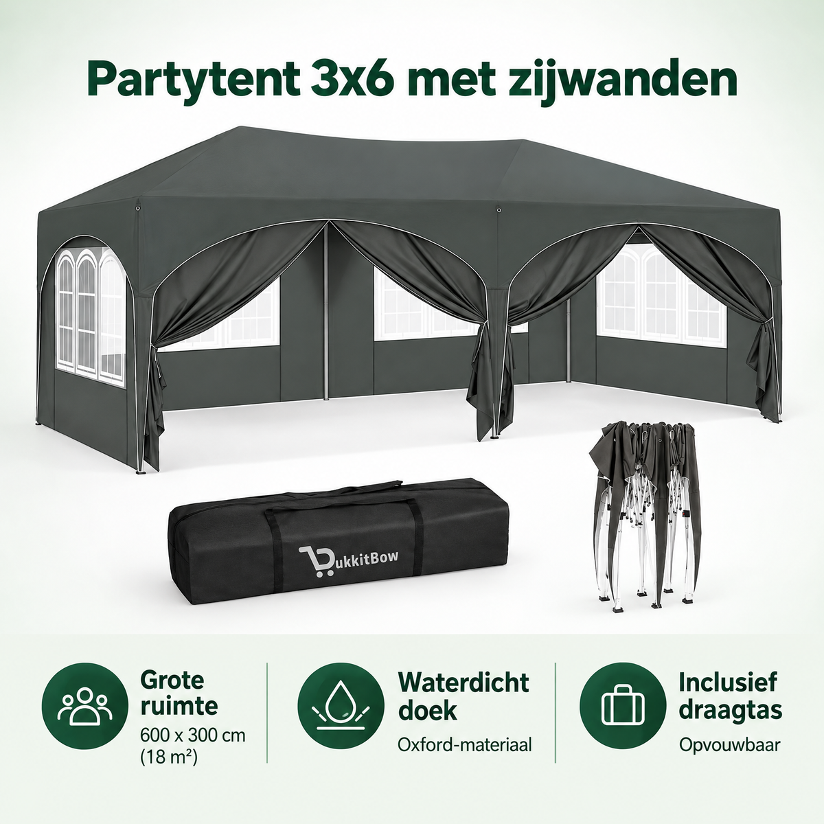 Overzicht van partytent 3x6 met zijwanden met de belangrijkste productvoordelen