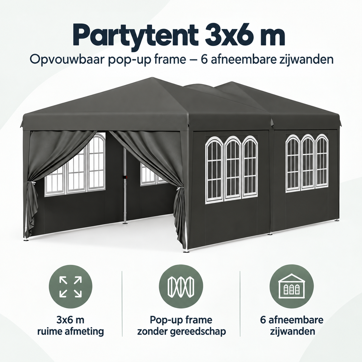 Overzicht van partytent 3x6 met de belangrijkste productvoordelen