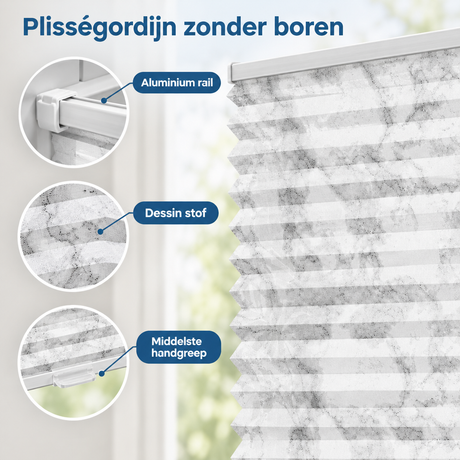 Detail van materiaal en afwerking van plisségordijn zonder boren