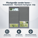 Grijs plisségordijn zonder boren van BukkitBow, verduisterend en thermisch met honingraatstructuur voor goede isolatie.