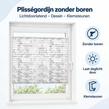 Overzicht van plisségordijn zonder boren met de belangrijkste productvoordelen