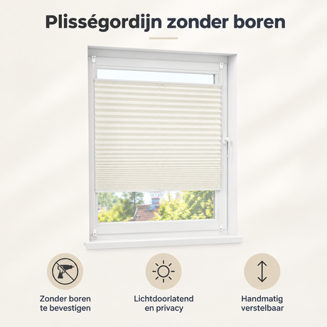 Overzicht van plisségordijn zonder boren met de belangrijkste productvoordelen
