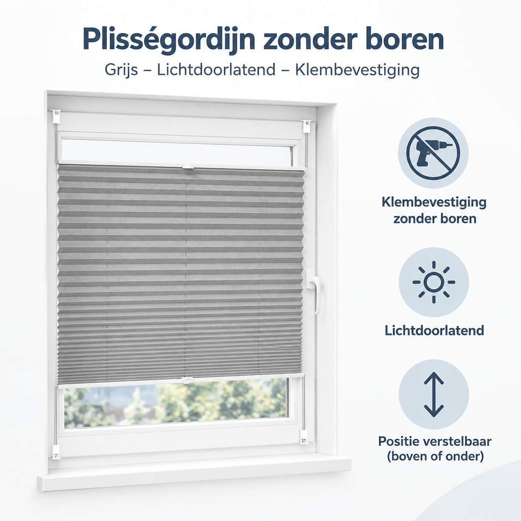 Overzicht van plisségordijn zonder boren met de belangrijkste productvoordelen