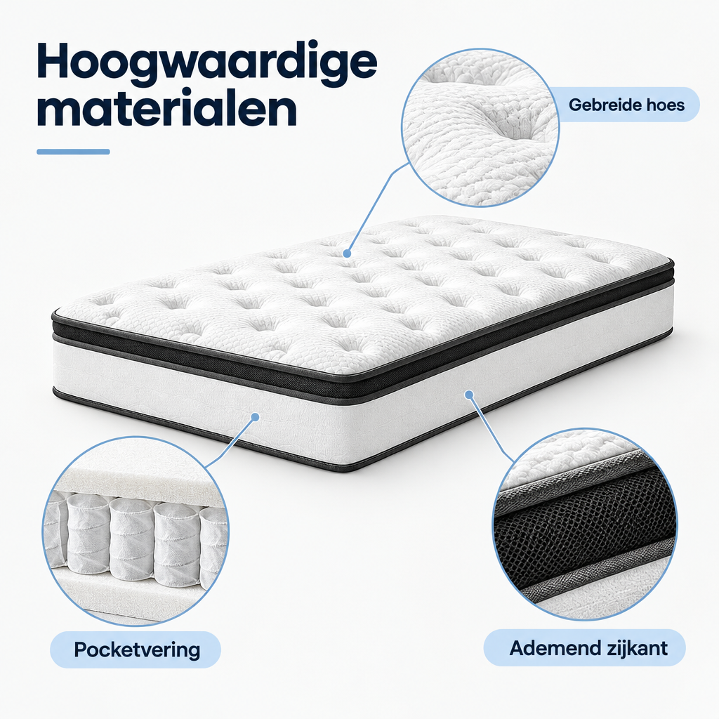 Detail van materiaal en afwerking van pocketvering matras 90x200