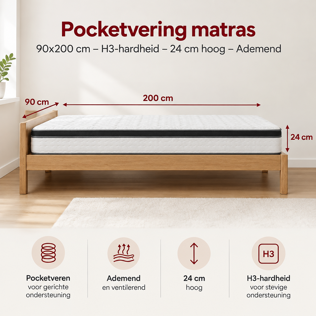 Afmetingen en productspecificaties van pocketvering matras 90x200