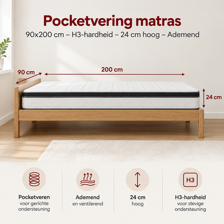 Afmetingen en productspecificaties van pocketvering matras 90x200