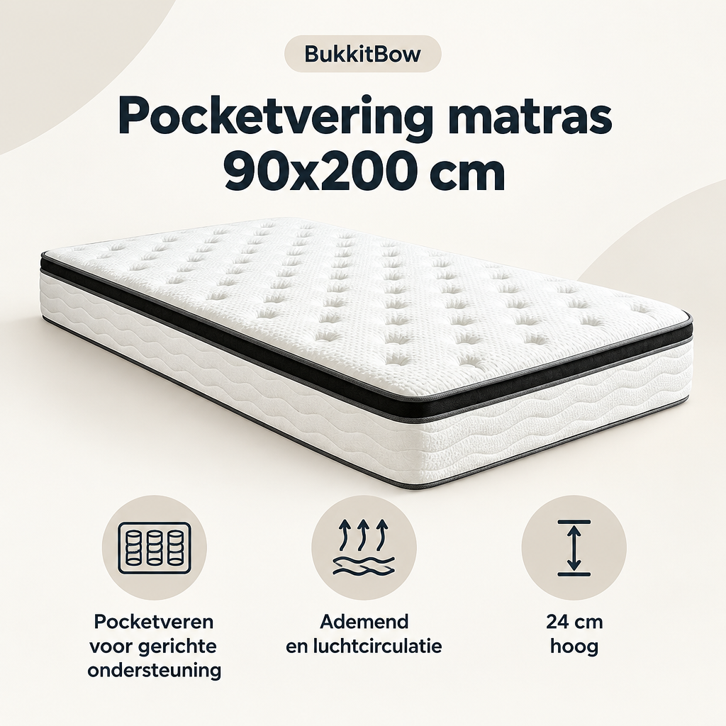Overzicht van pocketvering matras 90x200 met de belangrijkste productvoordelen