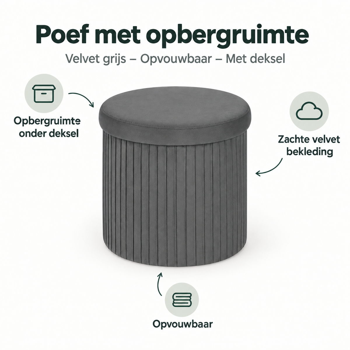Velvet grijze opbergpoef met deksel en opvouwbaar ontwerp, van BukkitBow, geschikt voor opbergruimte en decoratie.