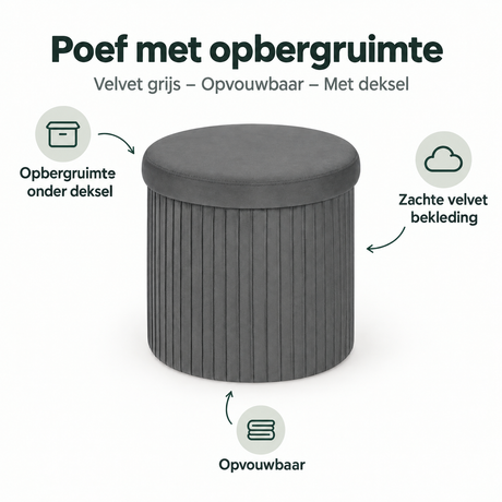 Velvet grijze opbergpoef met deksel en opvouwbaar ontwerp, van BukkitBow, geschikt voor opbergruimte en decoratie.