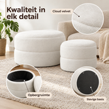Set van 2 ronde witte velvet opbergpoefs met opbergruimte van BukkitBow, geschikt voor woon- en slaapkamer.