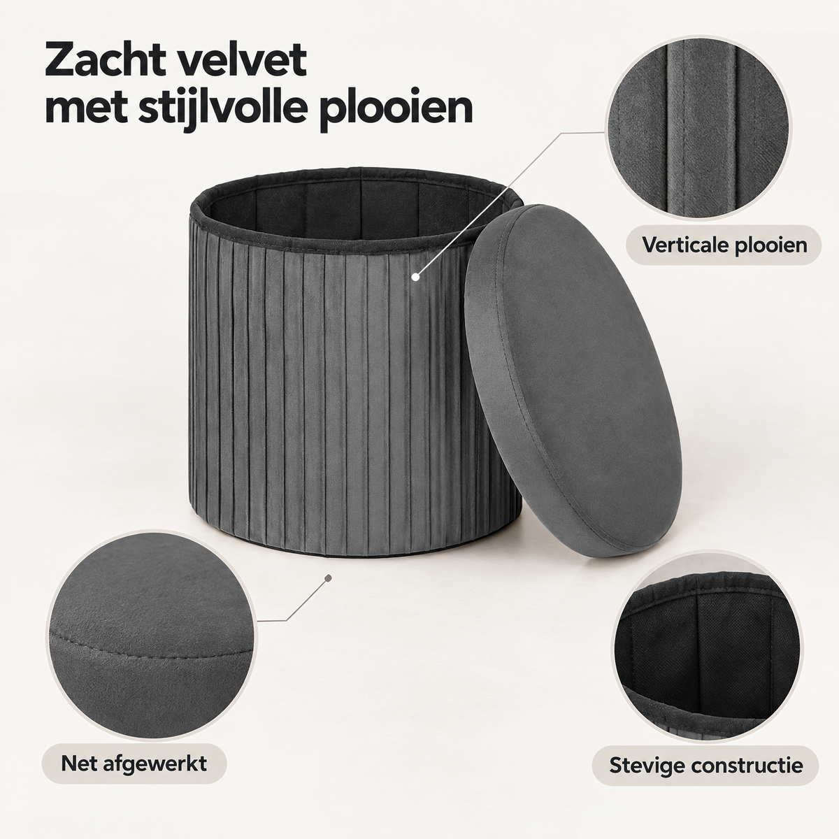Grijze velvet opbergpoef met deksel en opvouwbaar ontwerp, ideaal voor opslag en zitcomfort in huis.