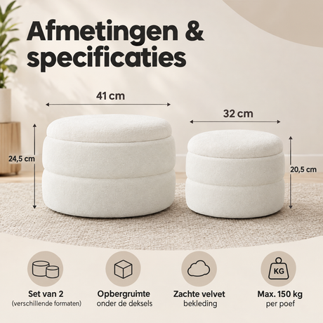 Set van 2 witte velvet ronde opbergpoefen met opbergruimte van BukkitBow, zachte stoffen en praktische opslag.