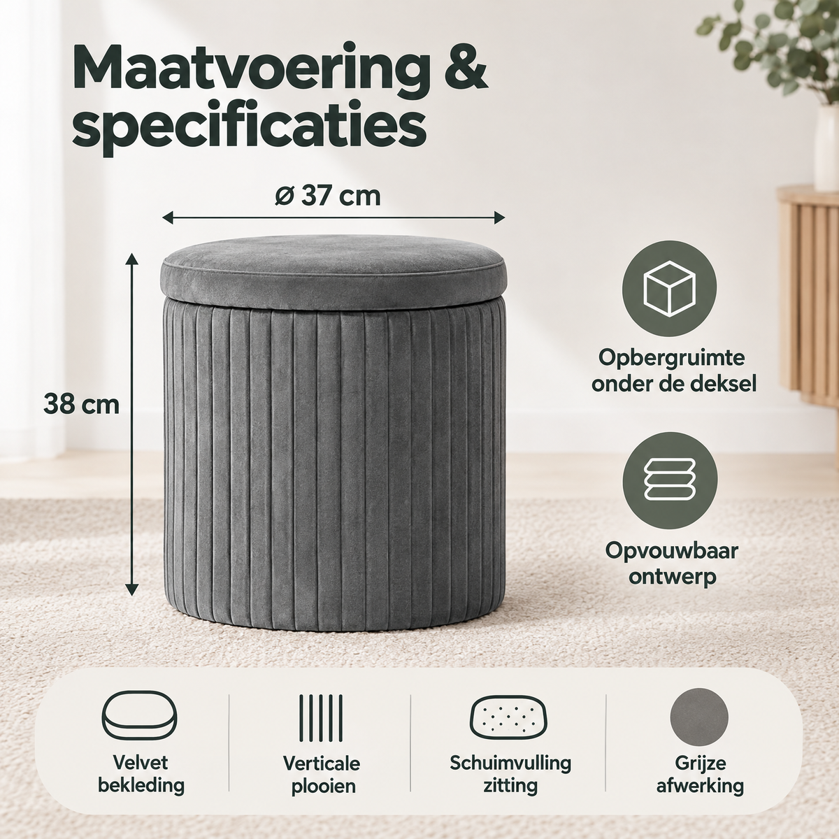 Grijze velvet opbergpoef met deksel en opbergruimte, opvouwbaar, geschikt voor extra zitplaatsen en opslag in huis.
