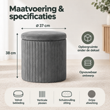 Grijze velvet opbergpoef met deksel en opbergruimte, opvouwbaar, geschikt voor extra zitplaatsen en opslag in huis.