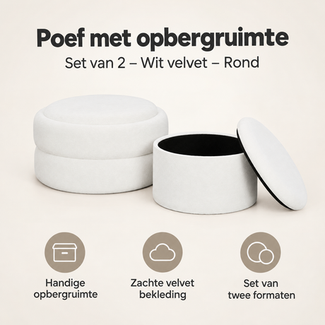 Set van 2 witte velvet ronde opbergpoefen met opbergruimte van BukkitBow, geschikt voor woonkamer of slaapkamer.