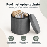 Velvet grijze opbergpoef met deksel van BukkitBow, opvouwbaar en multifunctioneel voor zitplek en opbergruimte.