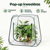 Transparante BukkitBow pop-up kweekkas met oprolbare ritsopening en draagtas, ideaal voor gemakkelijk tuinieren en plantenkweek.