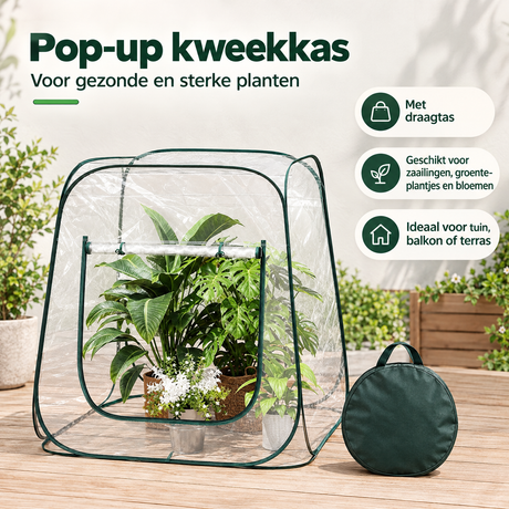 Transparante pop-up kweekkas van BukkitBow met oprolbare ritsopening en draagtas, ideaal voor planten kweken.