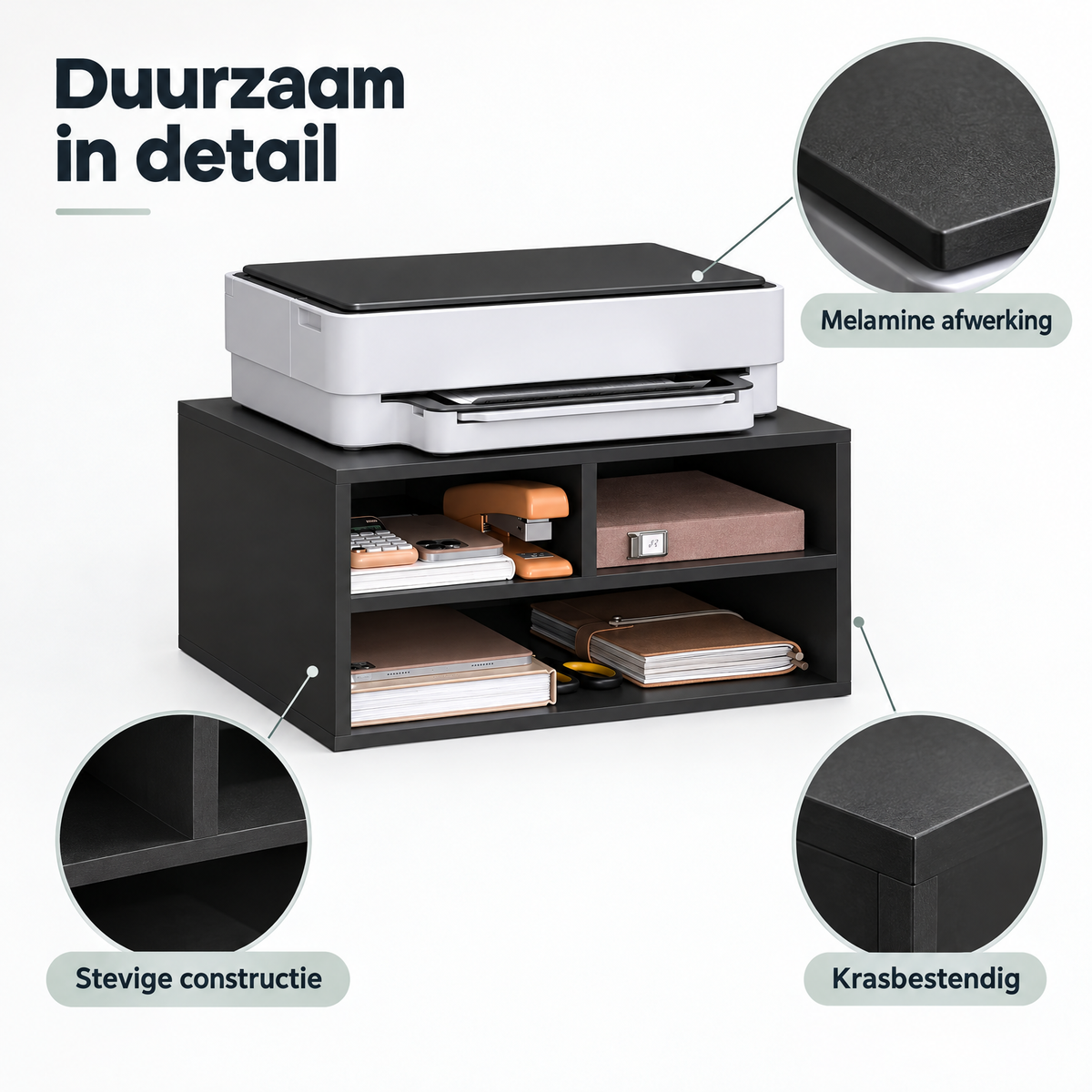 Detail van materiaal en afwerking van printerstandaard