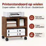 Rustieke bruine printerstandaard op wielen met 3 open vakken, afmetingen 40x30x35 cm, geschikt voor kantoor of thuisgebruik.