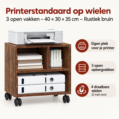 Rustieke bruine printerstandaard op wielen met 3 open vakken, afmetingen 40x30x35 cm, geschikt voor kantoor of thuisgebruik.