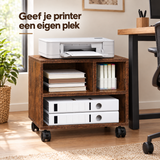 Rustieke bruin BukkitBow printerstandaard op wielen met 3 open vakken, afmetingen 40x30x35 cm, geschikt voor kantoor of thuisgebruik