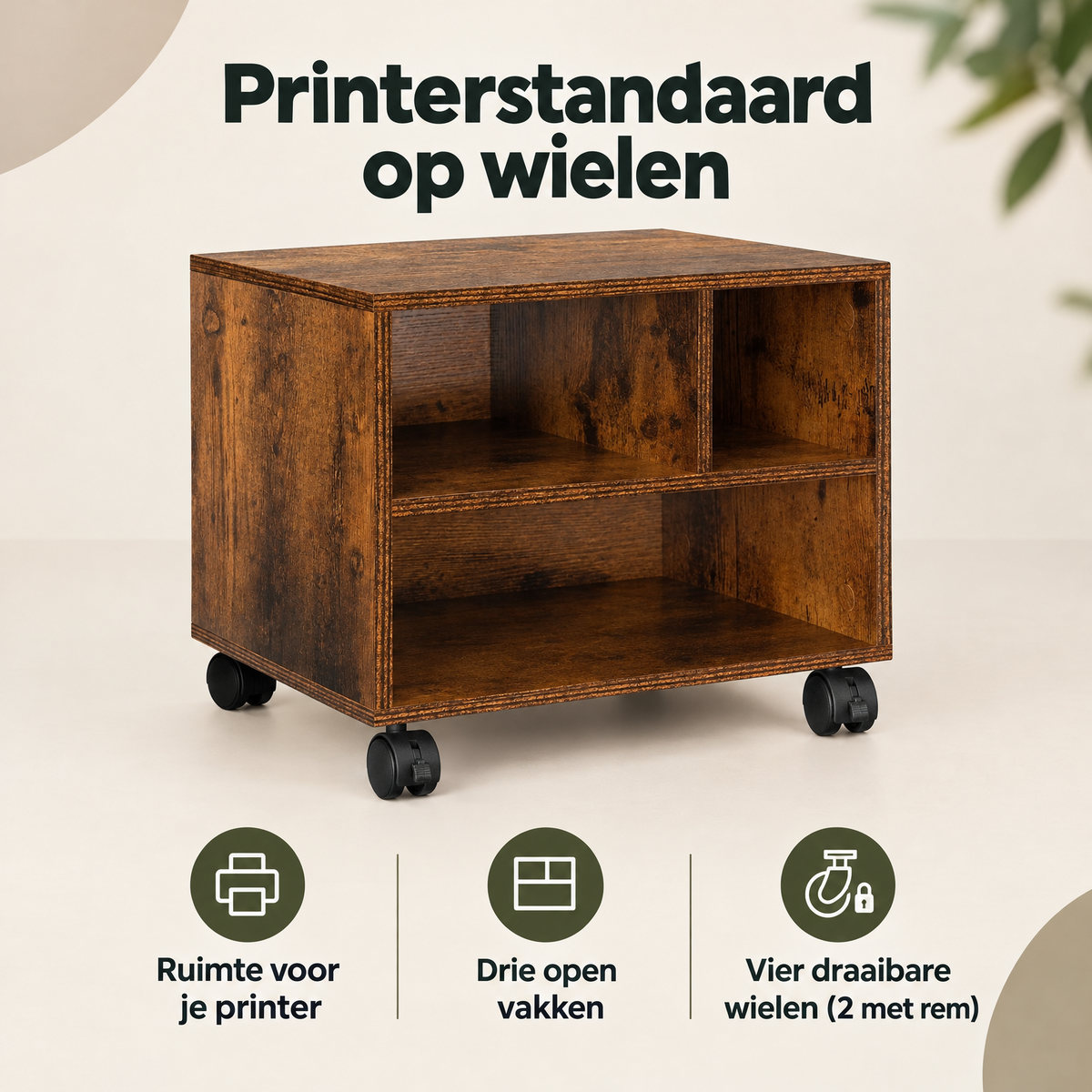 Rustieke bruine BukkitBow printerstandaard op wielen met 3 open vakken, afmetingen 40x30x35 cm, praktisch en mobiel.