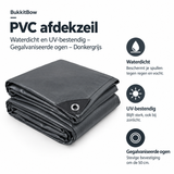 Donkergrijs PVC afdekzeil van BukkitBow, waterdicht en UV-bestendig met gegalvaniseerde ogen voor bescherming en duurzaamheid.