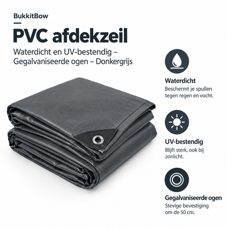 Donkergrijs PVC afdekzeil van BukkitBow, waterdicht en UV-bestendig met gegalvaniseerde ogen voor bescherming en duurzaamheid.