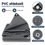 Donkergrijs PVC afdekzeil van BukkitBow met gegalvaniseerde ogen, waterdicht en UV-bestendig, geschikt voor bescherming.