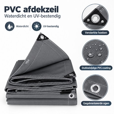 Donkergrijs PVC afdekzeil van BukkitBow met gegalvaniseerde ogen, waterdicht en UV-bestendig, geschikt voor bescherming.
