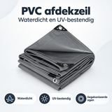 Donkergrijs PVC afdekzeil van BukkitBow, waterdicht en UV-bestendig met gegalvaniseerde ogen voor bescherming en duurzaamheid