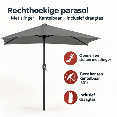 Rechthoekige parasol van BukkitBow met slinger, kantelbaar en inclusief draagtas, ideaal voor schaduw en comfort in de tuin