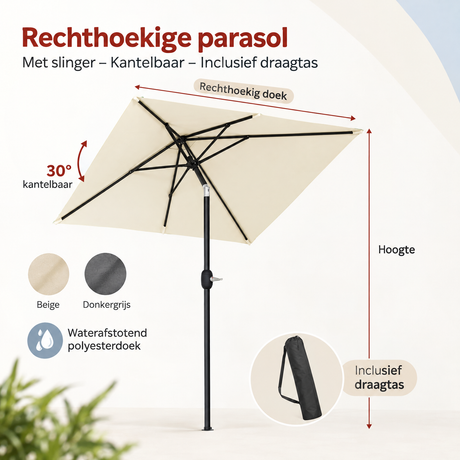 Rechthoekige BukkitBow parasol met slinger, kantelbaar, inclusief draagtas, outdoor parasol voor schaduw en bescherming
