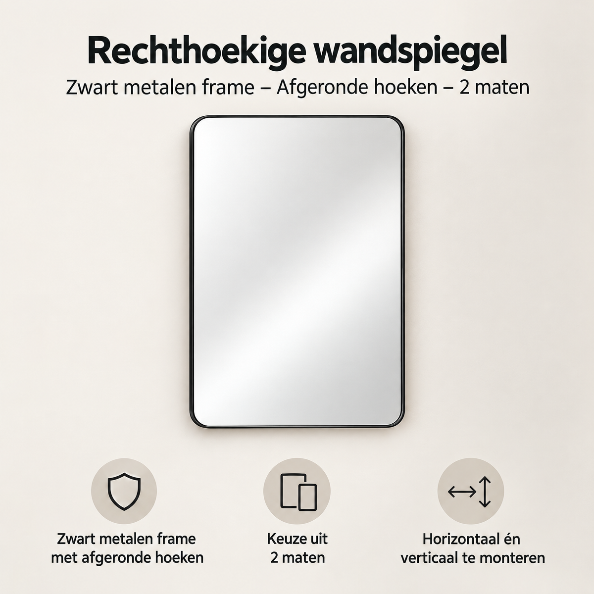Rechthoekige wandspiegel met zwart metalen frame en afgeronde hoeken, verkrijgbaar in twee maten, door BukkitBow.