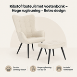 Overzicht van ribstof fauteuil met voetenbank met de belangrijkste productvoordelen