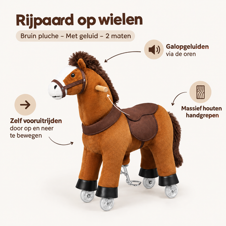 Bruin pluche rijpaard op wielen van BukkitBow met geluid, voor jonge kinderen, in twee maten, speel- en leermiddel.