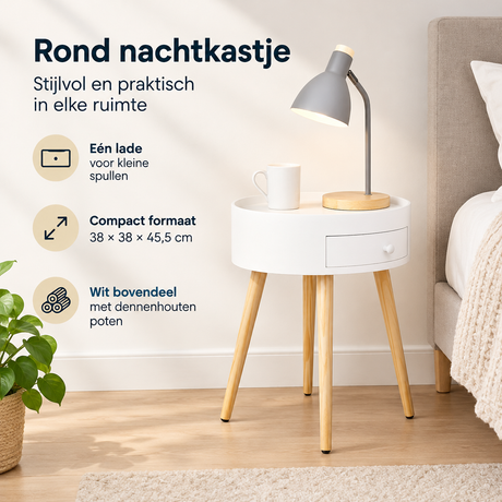 Rond wit nachtkastje met lade en houten poten, afmeting 38x38x45,5 cm, van BukkitBow voor slaapkamer of woonkamer.